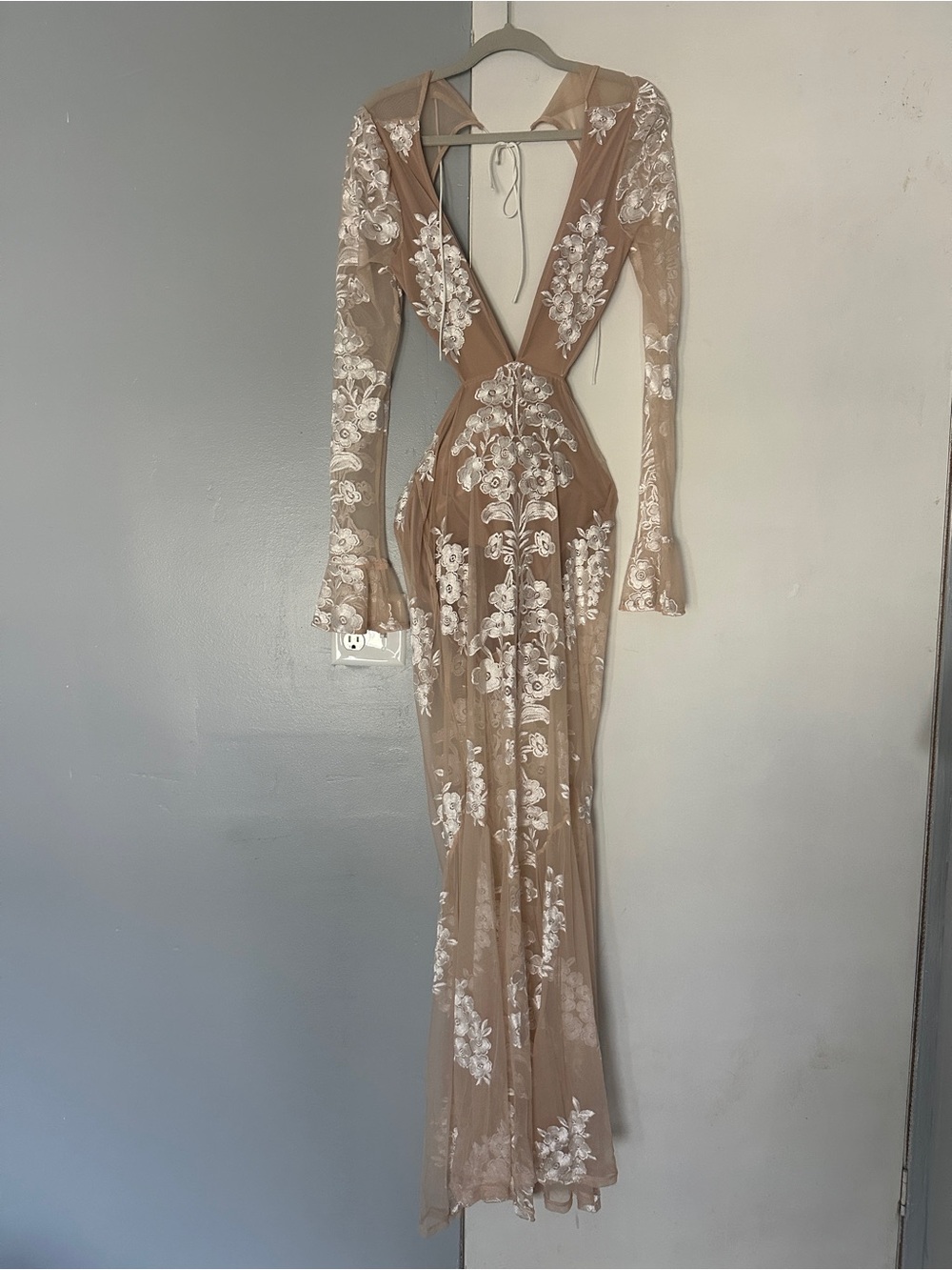 Free People (for love & lemons) Nude Sheer Embroidered Long Sleeve Gown - Picture 3 of 6